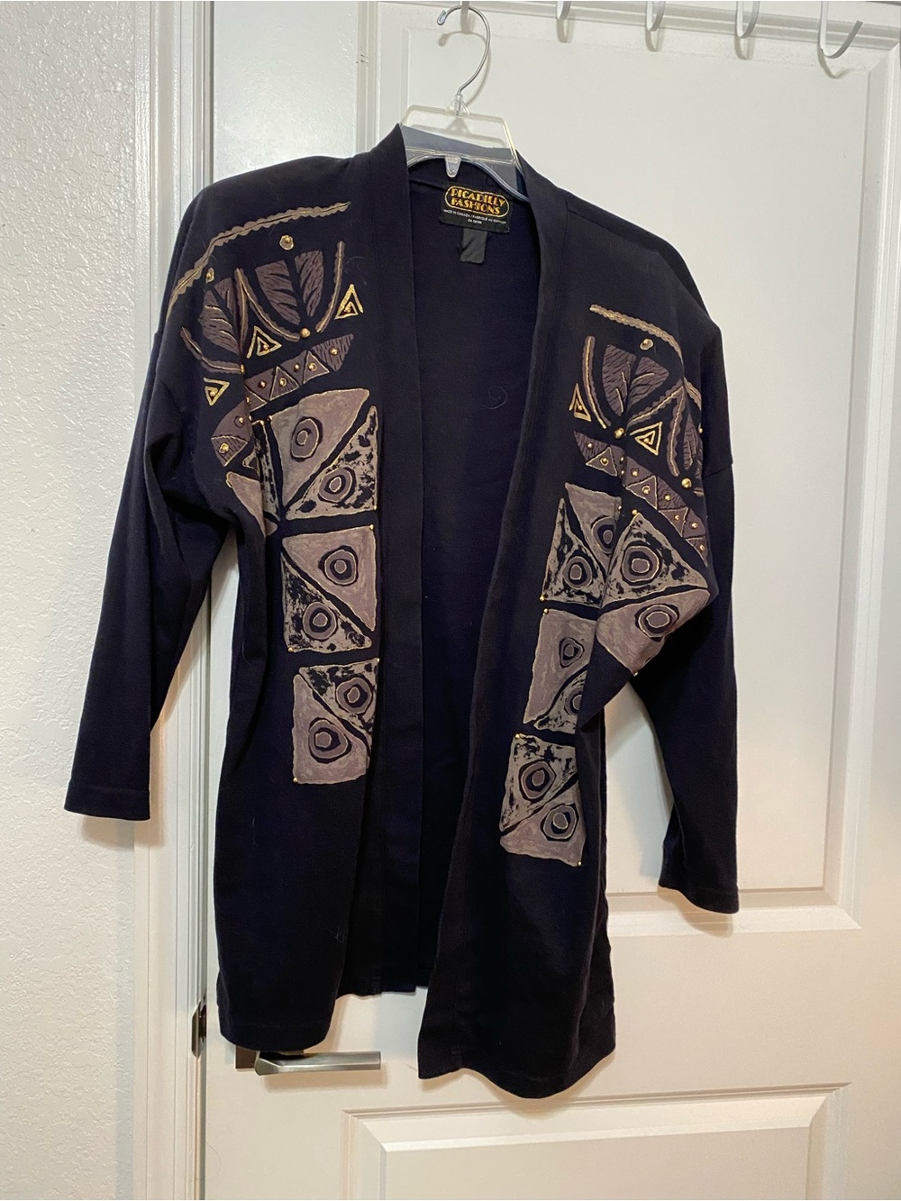 Picadilly Fashion Black Open-Front Jacket with Tan & Gold Geometric Accents